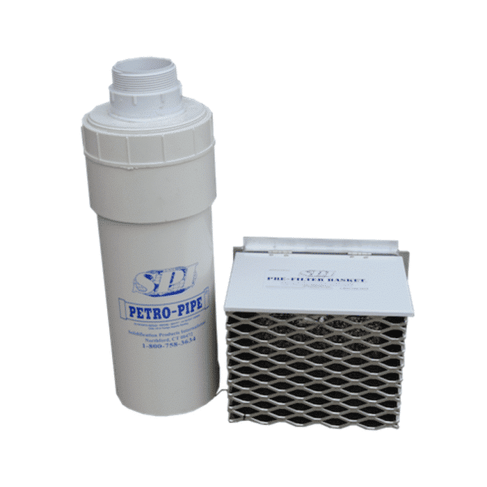 SPI PFC-0810 prefilter and its P-PIPE PI616-M2 filtration cartridge for hydrocarbon drainage, essential for limiting filter clogging.