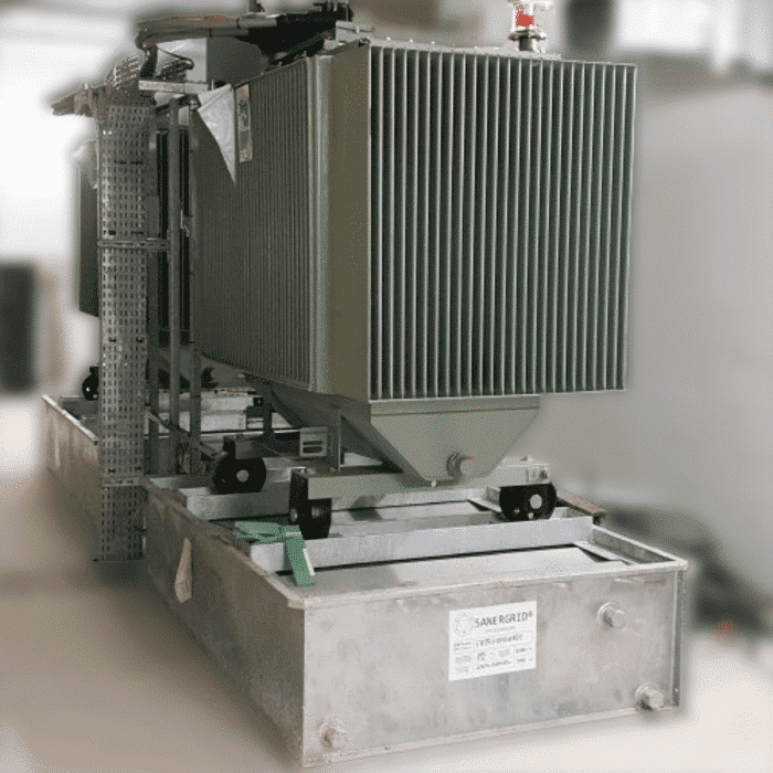 nstallazione interna di un trasformatore elettrico su un bund ERT- FW, ignifugo, in acciaio zincato a caldo, con travi fisse che corrono in larghezza.