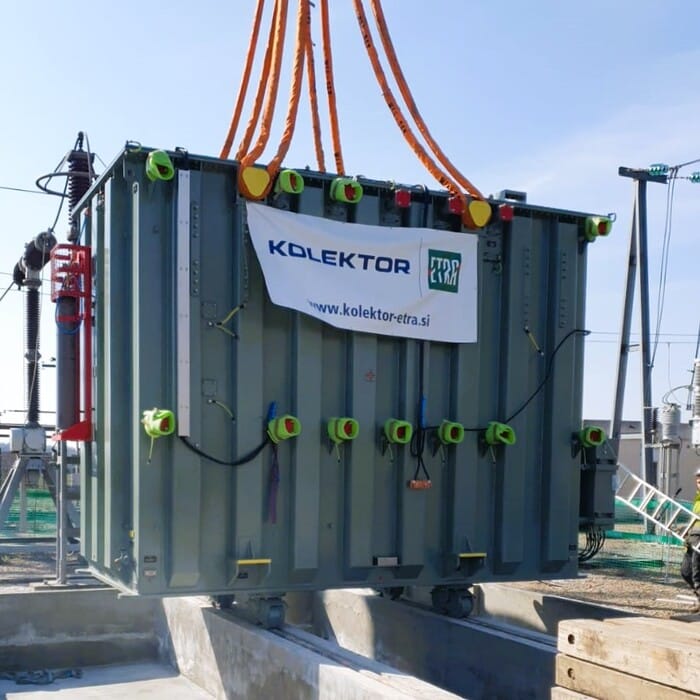 craning of kolektor etra oil-filled electric transformer on SNCF rail traction site