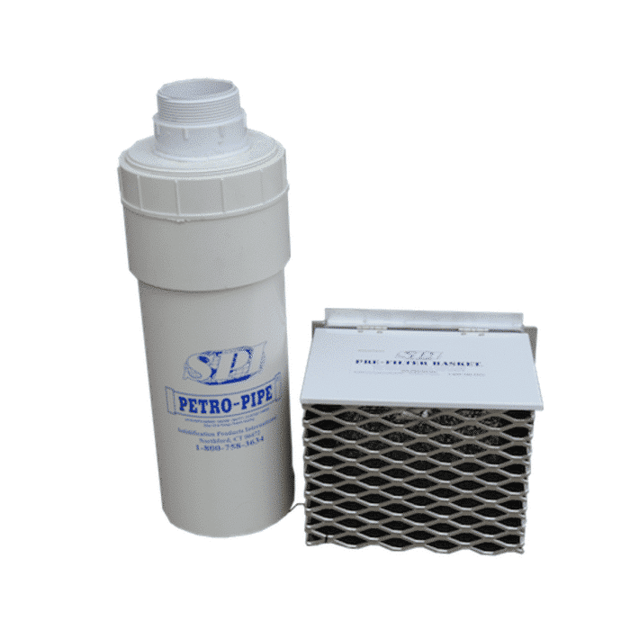 SPI PFB prefilter and its PETRO PIPE PI616-M2 filtration cartridge for hydrocarbon drainage, essential for limiting filter clogging.