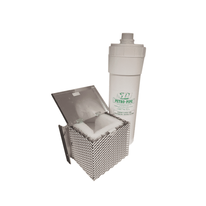 SPI PFB pre-filtration cage and its PETRO PIPE PI616-FR3 filtration cartridge for draining natural esters, essential for limiting filter clogging.