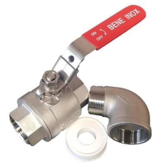 PETRO PIT installation kit with ¼ turn valve and 1.5 inch female elbow stainless steel outlet and Teflon roll.