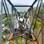 Metal electricity pylon being renovated for corrosion protection