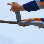 Installation of a self-fusing silicone insulating tape for bird protection.