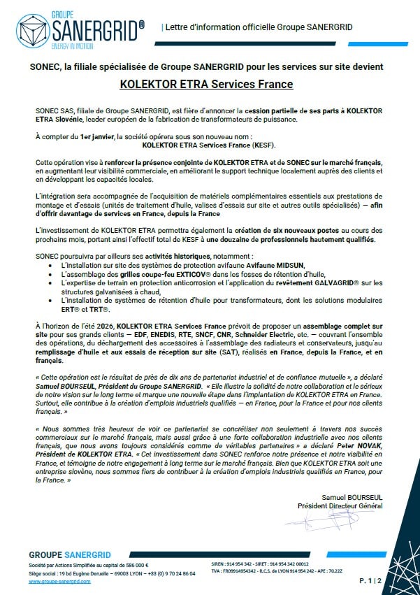 SONEC, la filiale spécialisée de Groupe SANERGRID pour les services sur site devient KOLEKTOR ETRA Services France