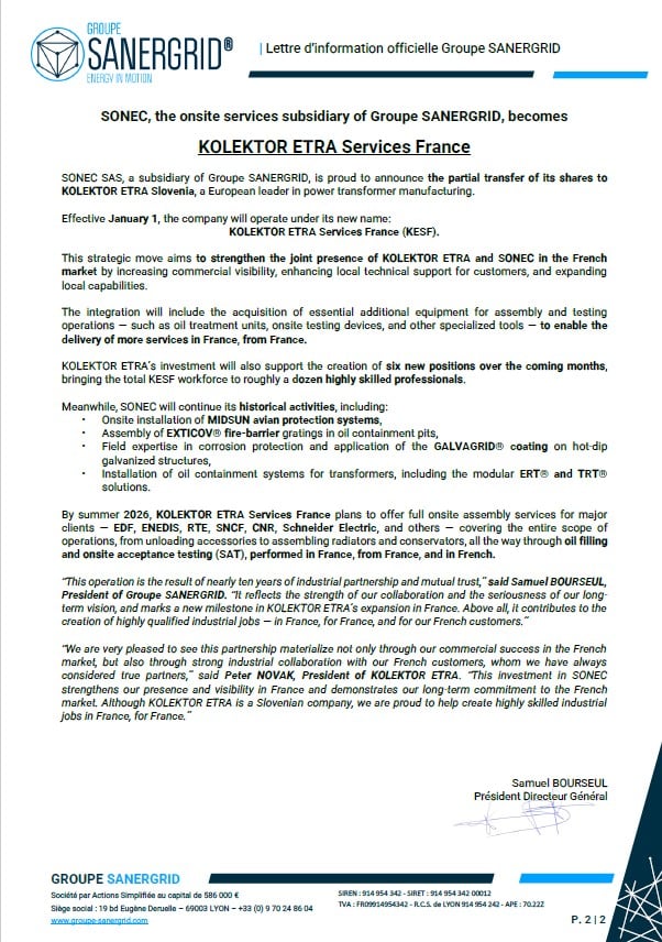 SONEC, the onsite services subsidiary of Groupe SANERGRID, becomes KOLEKTOR ETRA Services France